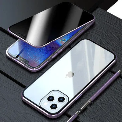 Magnetic black iPhone privacy case with anti-spy tempered glass back on an iPhone.