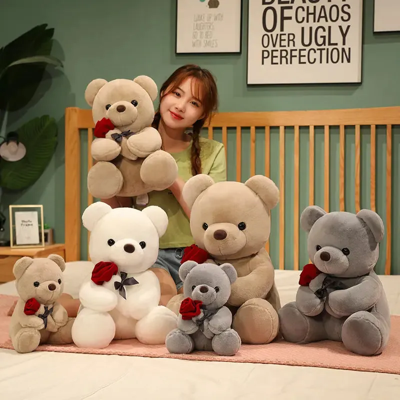Rose bear plush pillow toy in beige, brown or grey with 23cm to 45cm height options