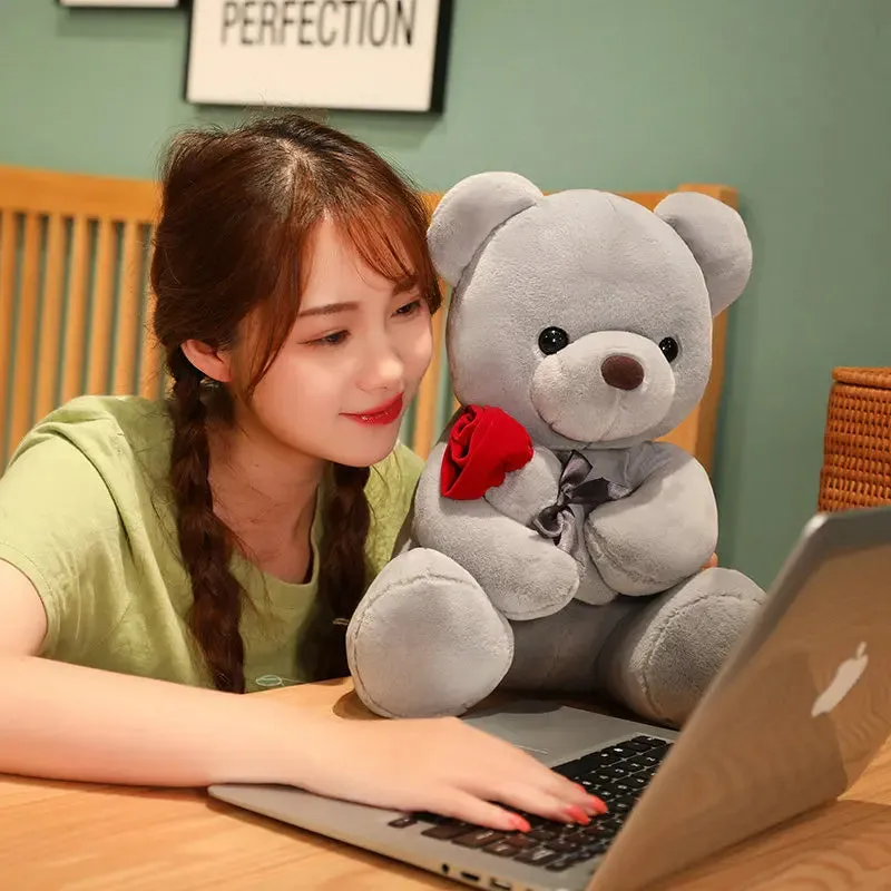 Rose bear plush pillow toy in beige, brown or grey with 23cm to 45cm height options