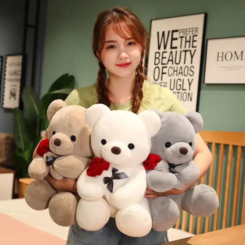 Rose bear plush pillow toy in beige, brown or grey with 23cm to 45cm height options