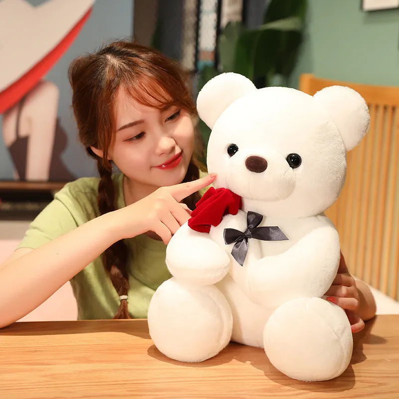 Rose bear plush pillow toy in beige, brown or grey with 23cm to 45cm height options