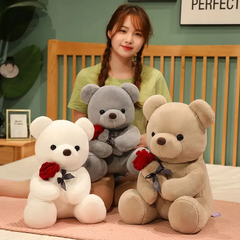 Rose bear plush pillow toy in beige, brown or grey with 23cm to 45cm height options