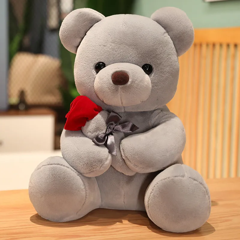 Rose bear plush pillow toy in beige, brown or grey with 23cm to 45cm height options