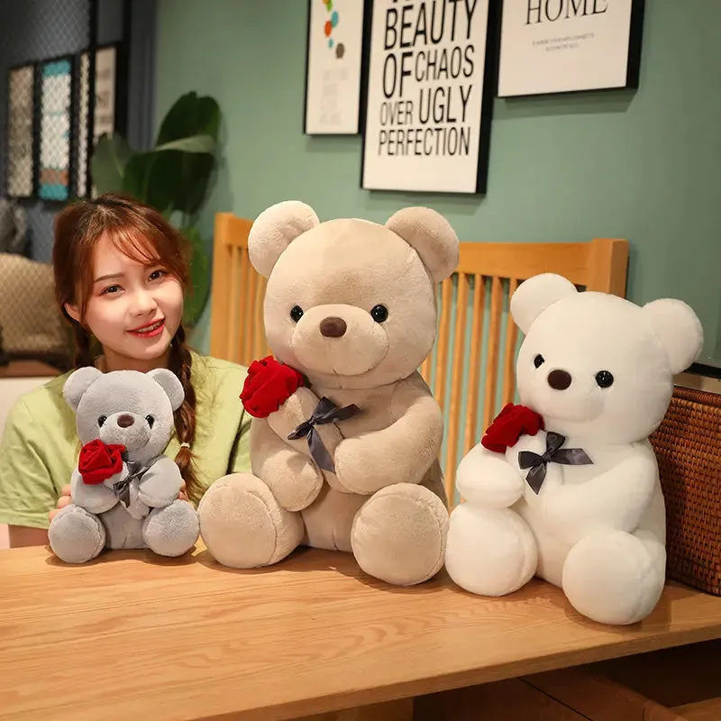 Rose bear plush pillow toy in beige, brown or grey with 23cm to 45cm height options