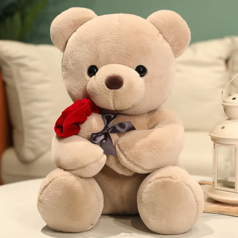 Rose bear plush pillow toy in beige, brown or grey with 23cm to 45cm height options