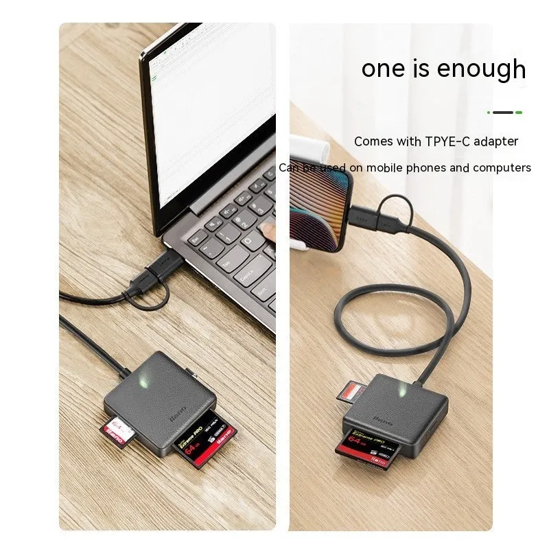 SDTFCF USB 3.0 multi-drive card reader with Type-C, compact ABS body, reads four memory cards at once