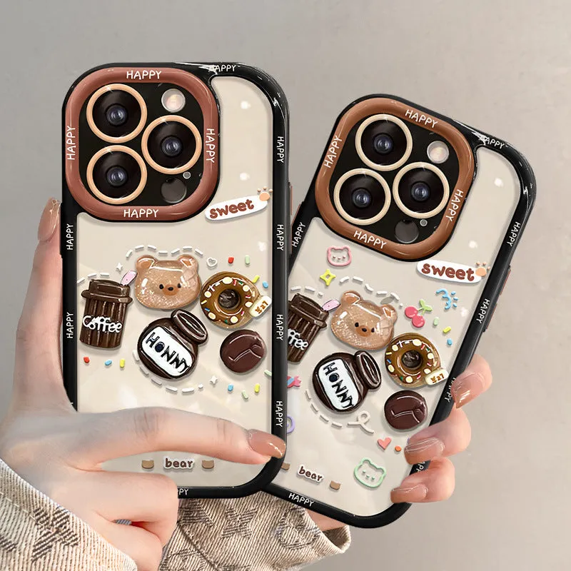 Silicone phone case with coffee bear doll pendant in cream colour for Apple iPhone models