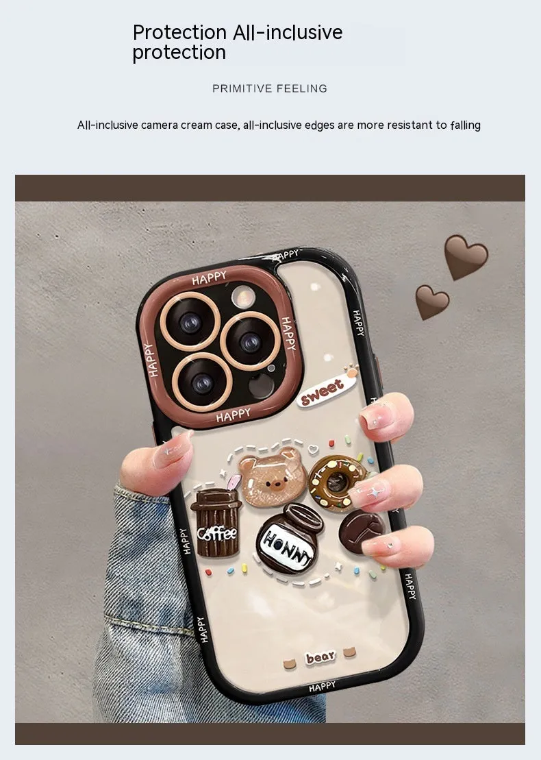 Silicone phone case with coffee bear doll pendant in cream colour for Apple iPhone models
