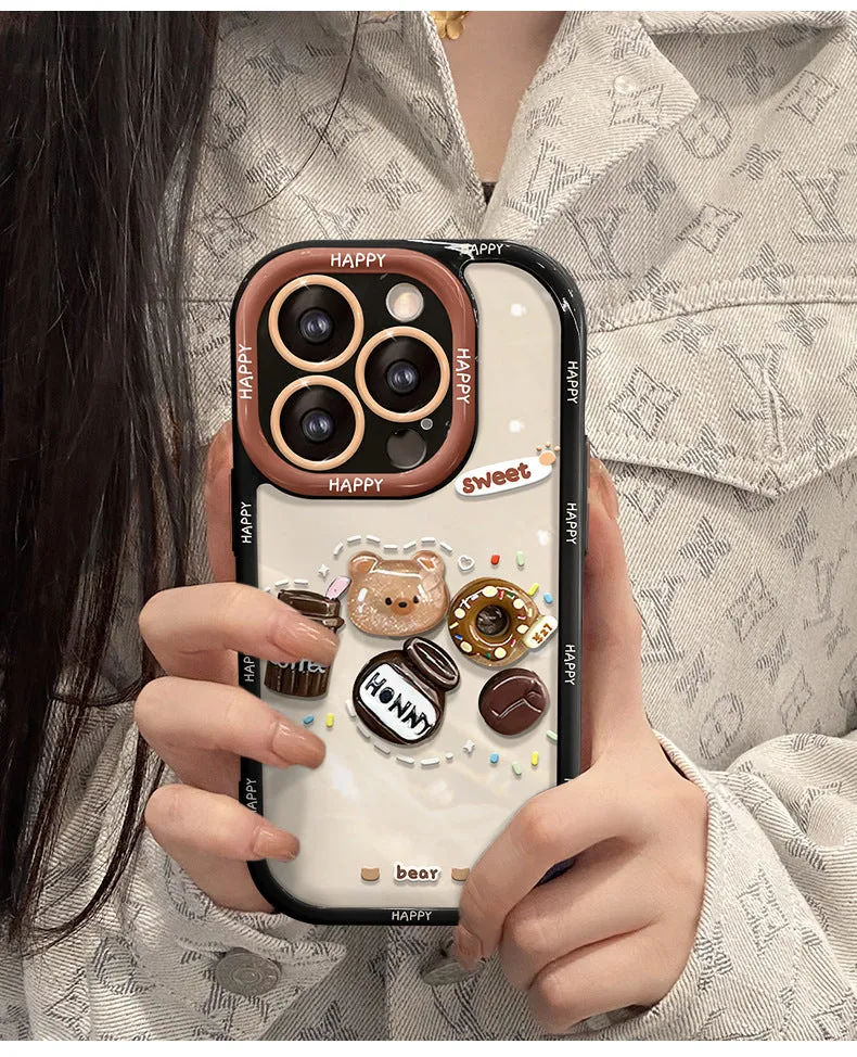 Silicone phone case with coffee bear doll pendant in cream colour for Apple iPhone models