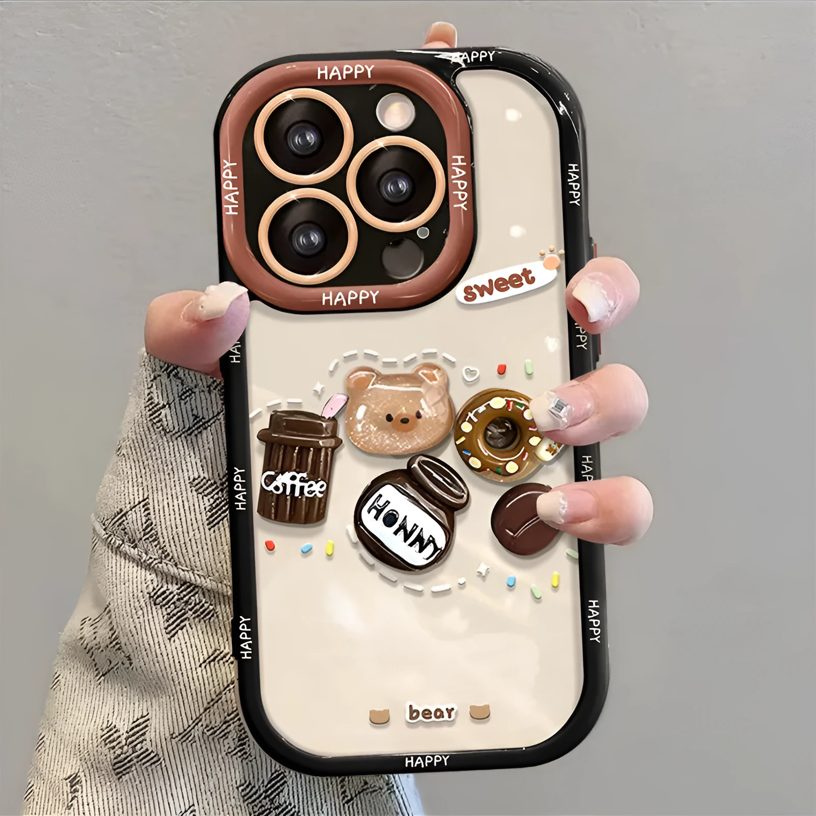 Silicone phone case with coffee bear doll pendant in cream colour for Apple iPhone models