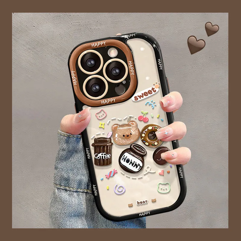 Silicone phone case with coffee bear doll pendant in cream colour for Apple iPhone models