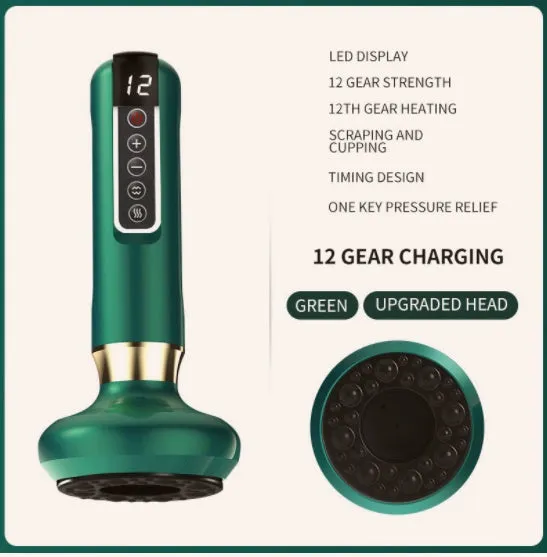 Green electric vacuum cupping massager with adjustable suction controls and infrared heating function