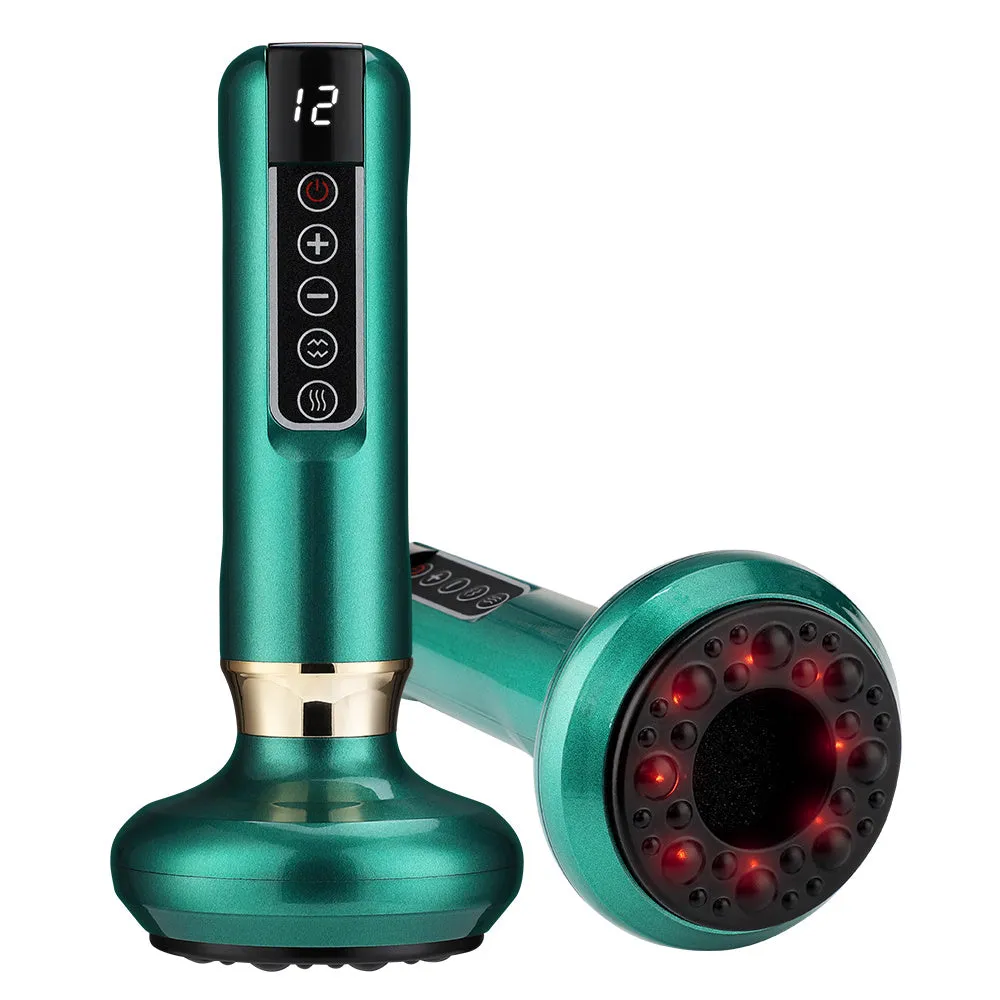 Green electric vacuum cupping massager with adjustable suction controls and infrared heating function