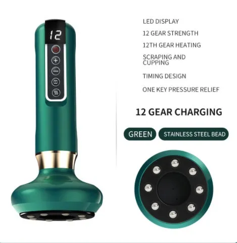 Green electric vacuum cupping massager with adjustable suction controls and infrared heating function
