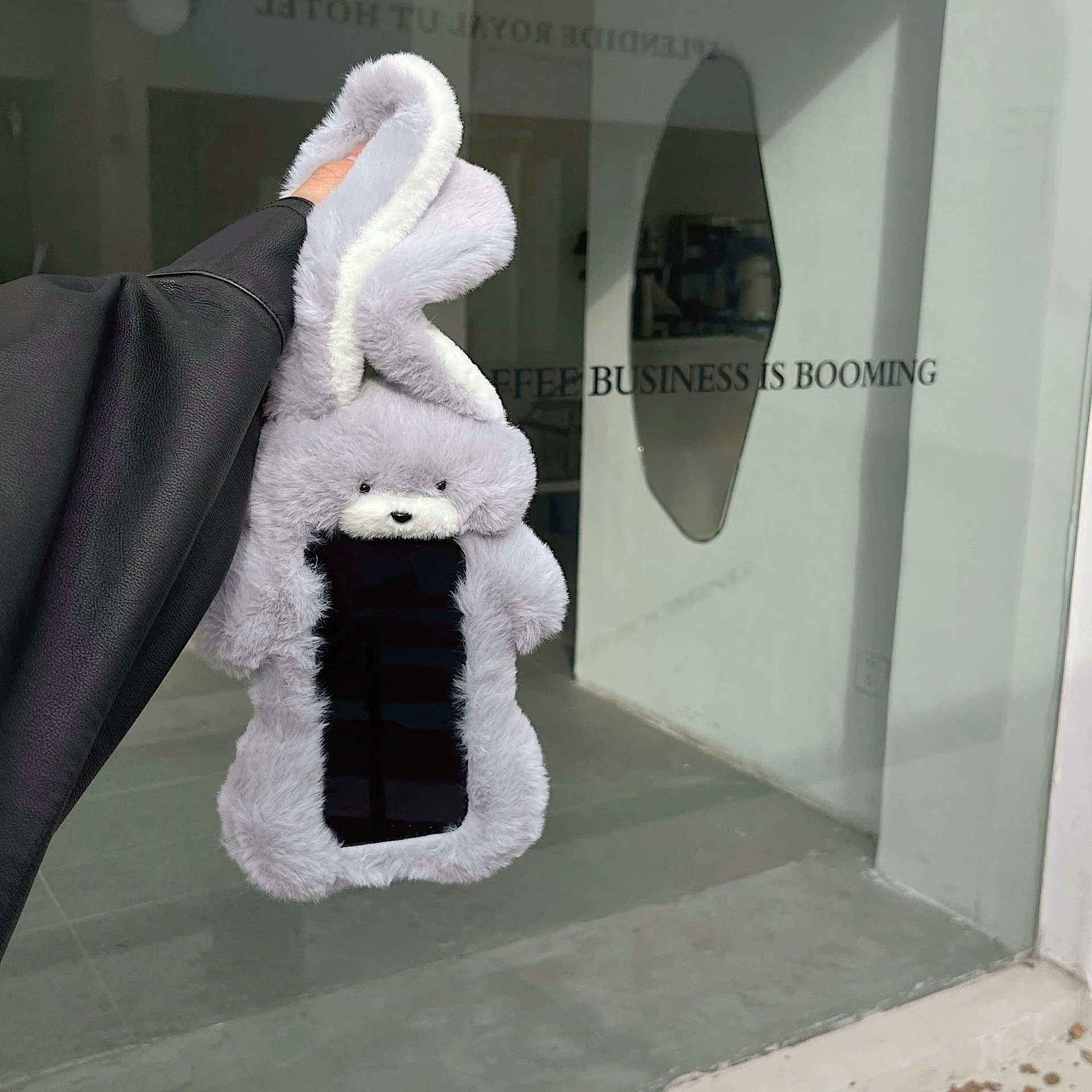 Plush long-eared rabbit phone case for iPhone, rabbit colour, soft fabric cover