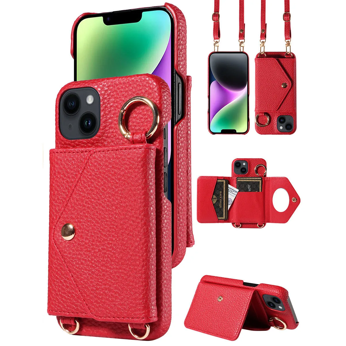 Anti-degaussing imitation leather wallet phone case with bracket and crossbody bag for Apple iPhone and Samsung