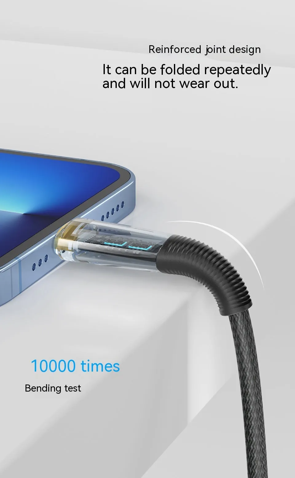 Low temperature fast charging transparent woven Type-C data cable in 1.2m length