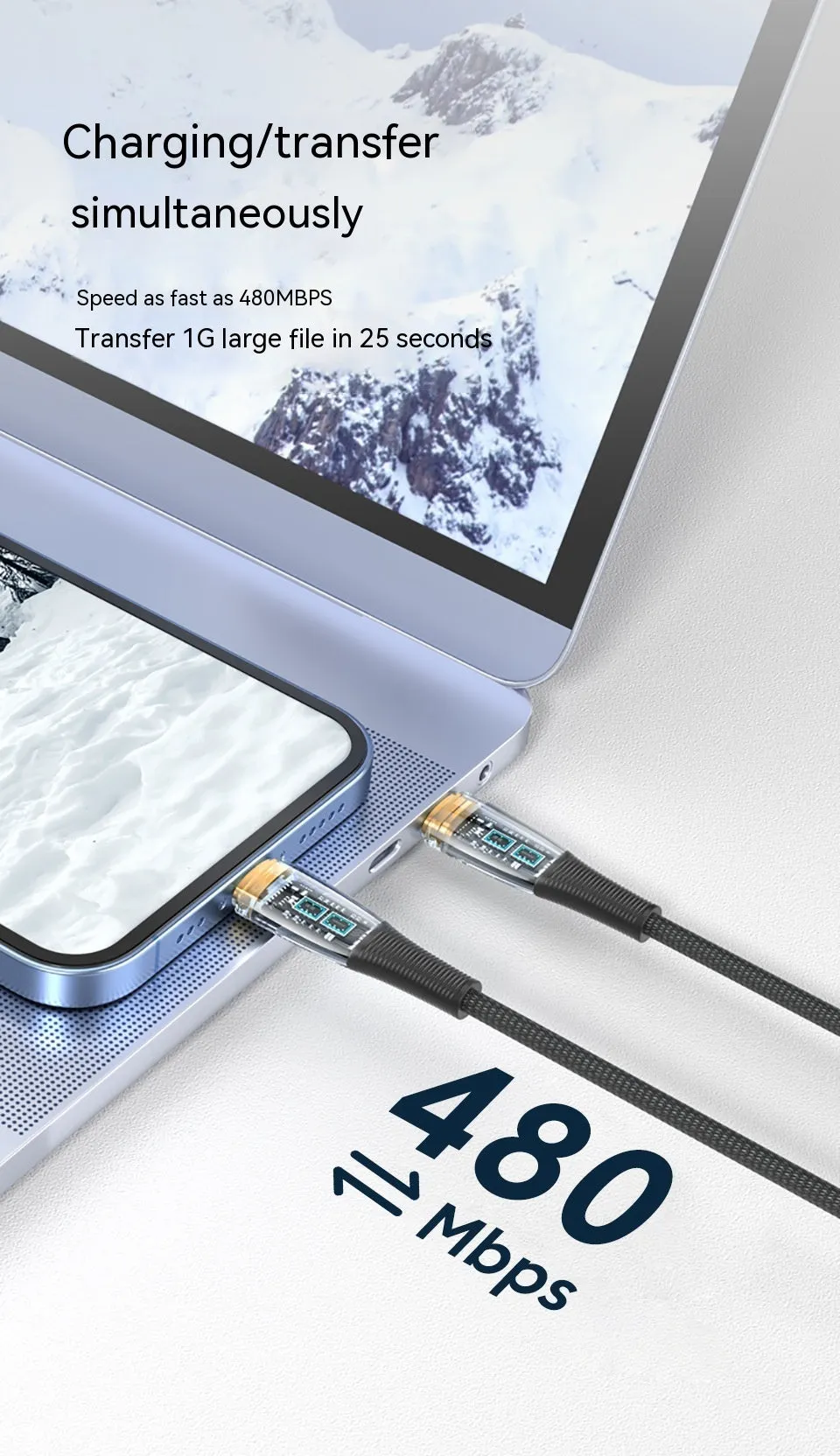 Low temperature fast charging transparent woven Type-C data cable in 1.2m length
