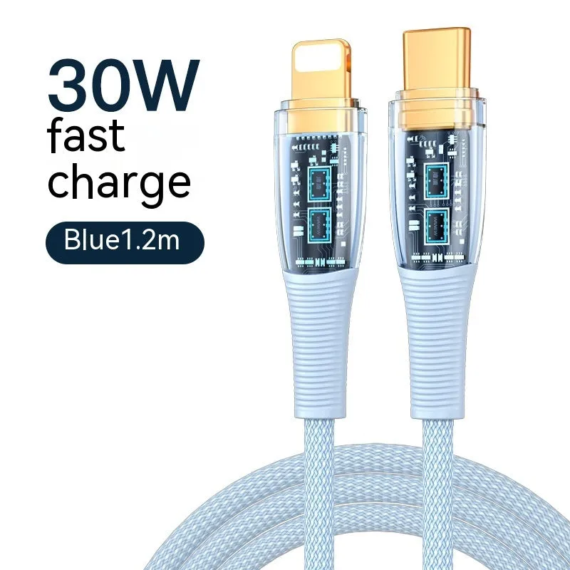 Low temperature fast charging transparent woven Type-C data cable in 1.2m length