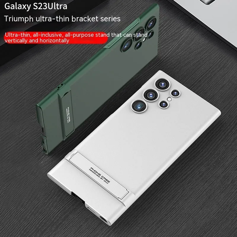 All-inclusive ultra-thin bracket phone case for Samsung Galaxy S23 series in dark night green with built-in stand and frosted finish