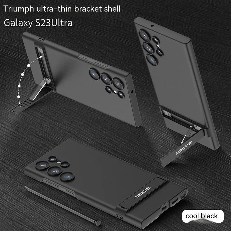 All-inclusive ultra-thin bracket phone case for Samsung Galaxy S23 series in dark night green with built-in stand and frosted finish