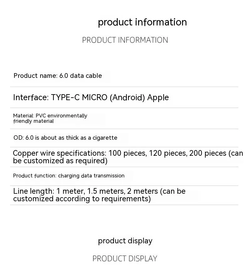 White PVC 120W 6A fast charging cable with Lightning Micro USB and Type-C connectors in 1.5m length