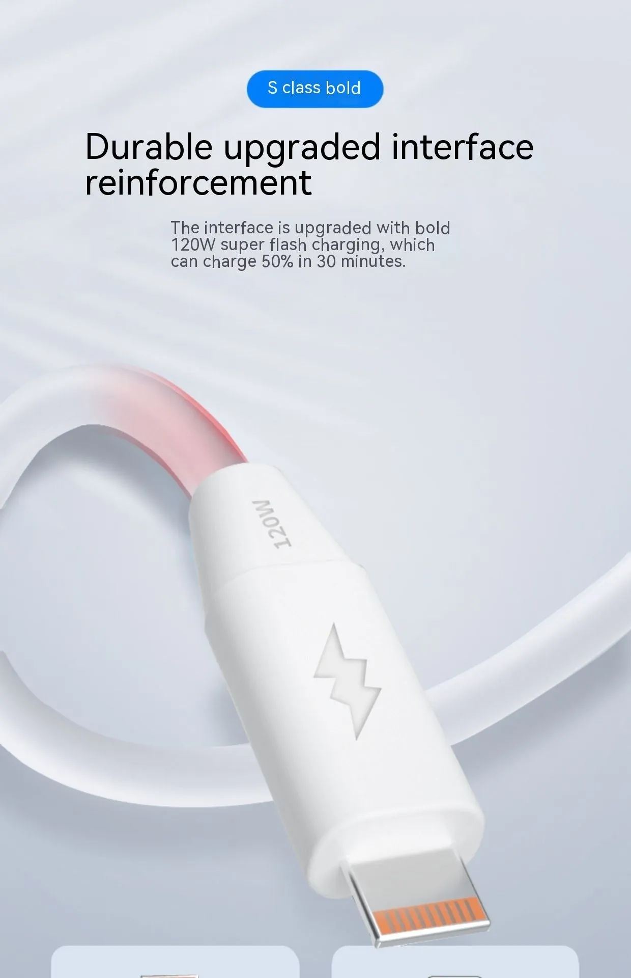 White PVC 120W 6A fast charging cable with Lightning Micro USB and Type-C connectors in 1.5m length