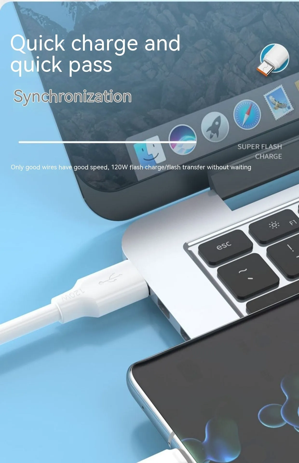 White PVC 120W 6A fast charging cable with Lightning Micro USB and Type-C connectors in 1.5m length