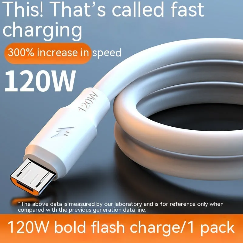 White PVC 120W 6A fast charging cable with Lightning Micro USB and Type-C connectors in 1.5m length