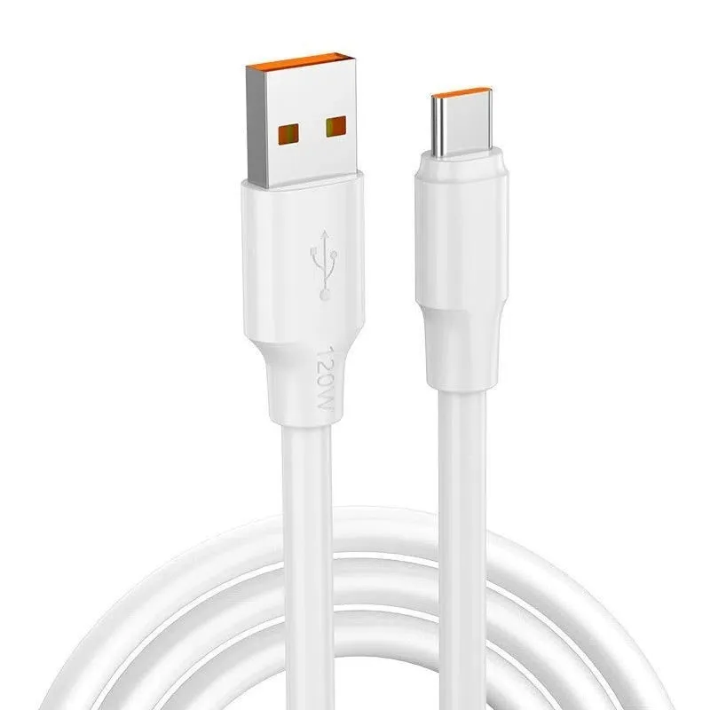 White PVC 120W 6A fast charging cable with Lightning Micro USB and Type-C connectors in 1.5m length