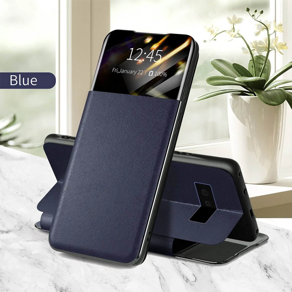 Black PU PC card flip case for Google Pixel 6 with card slot visible on back
