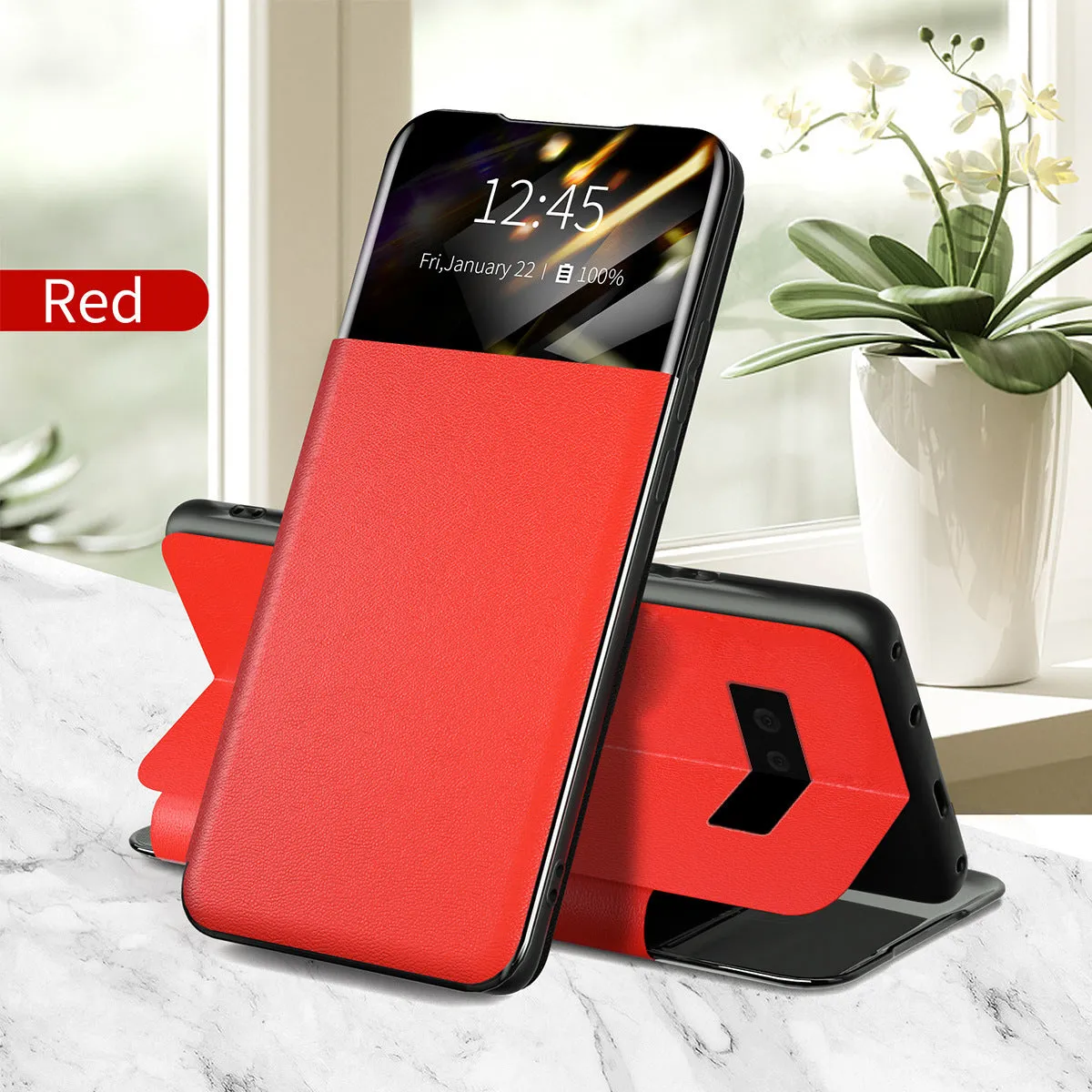 Black PU PC card flip case for Google Pixel 6 with card slot visible on back