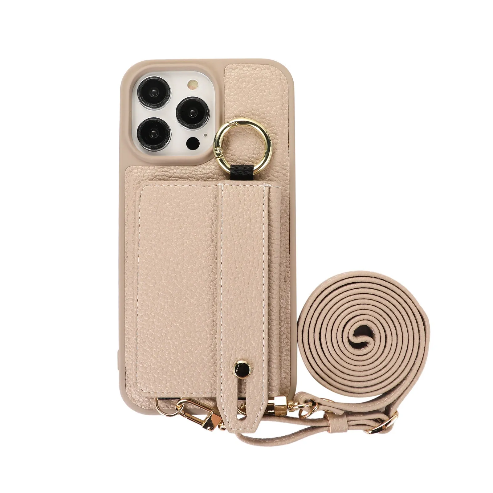 Imitation leather cross-body lanyard phone case with card clamp holder, black colour, compatible with iPhone 14 Pro Max