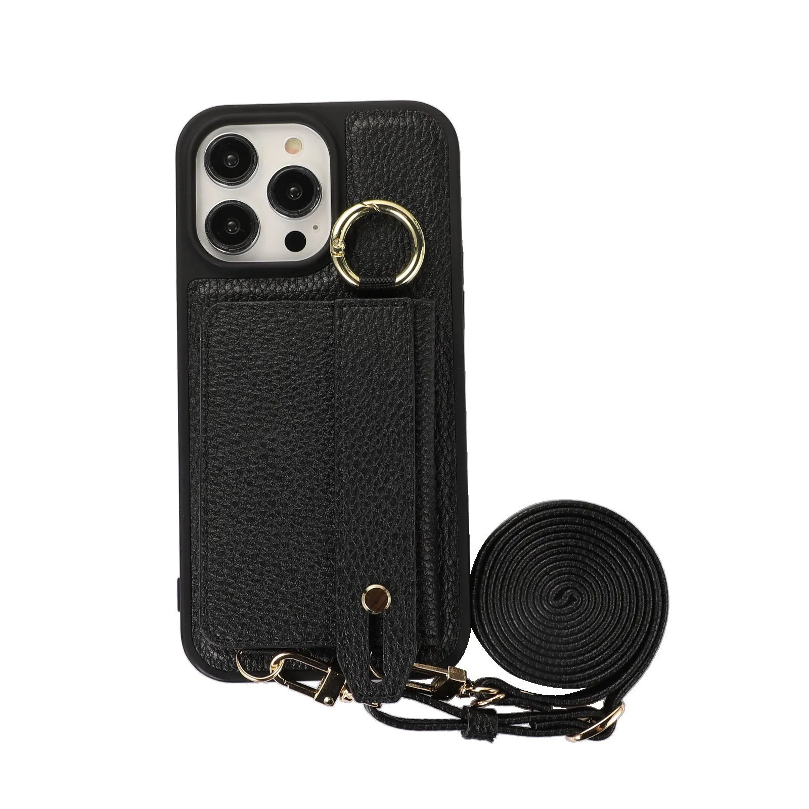 Imitation leather cross-body lanyard phone case with card clamp holder, black colour, compatible with iPhone 14 Pro Max