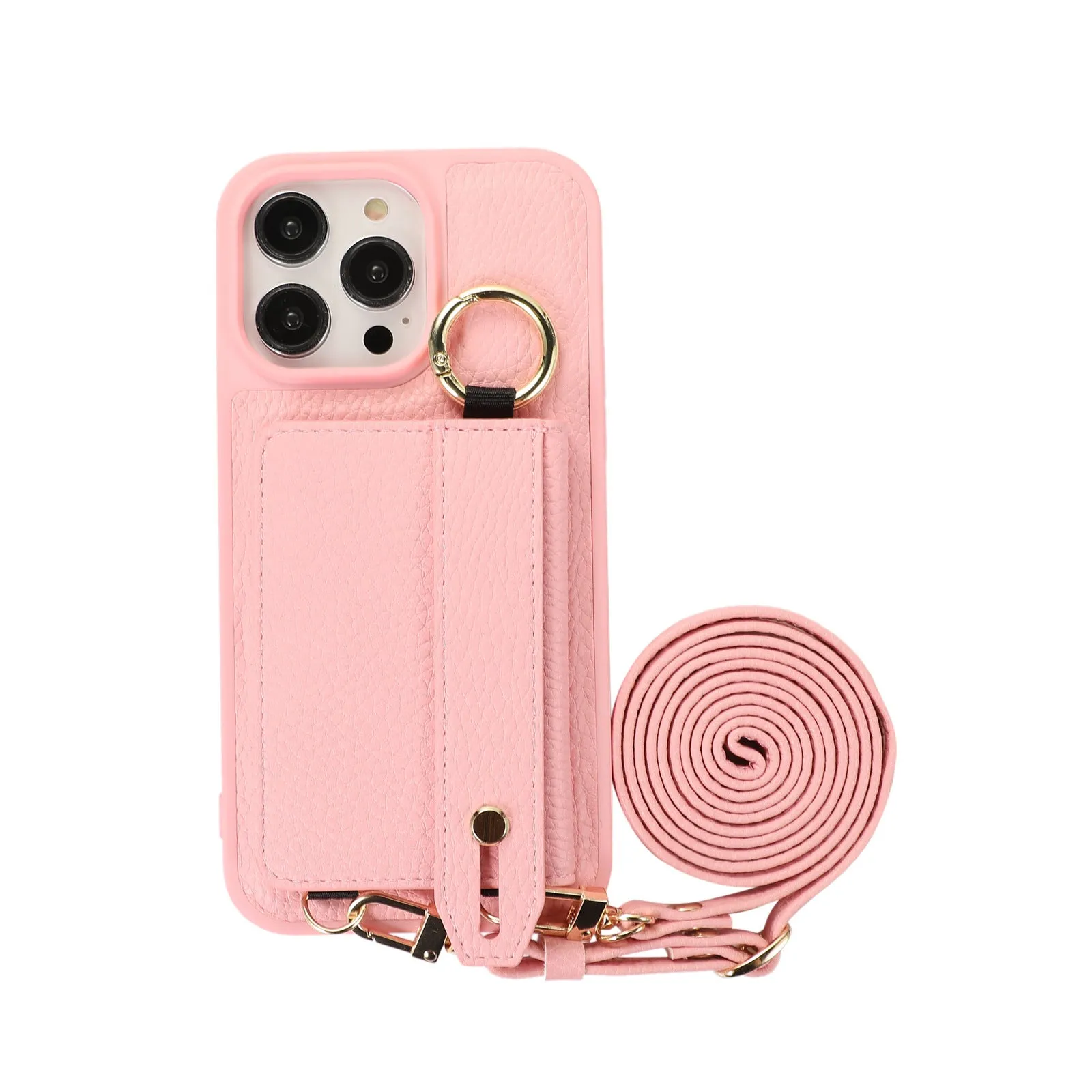 Imitation leather cross-body lanyard phone case with card clamp holder, black colour, compatible with iPhone 14 Pro Max