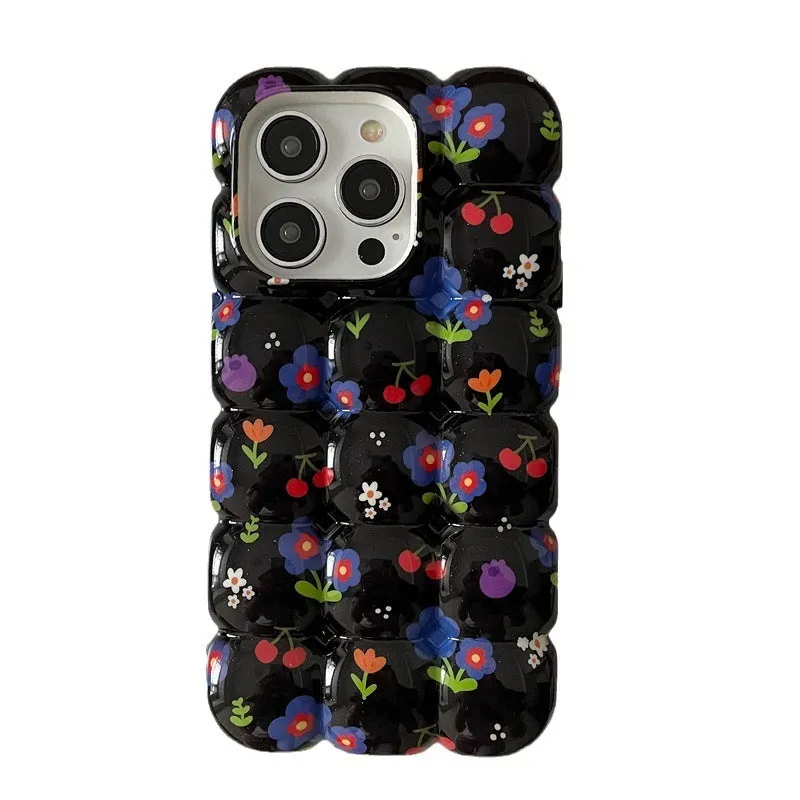 Retro cherry floral plaid TPU anti-fall phone case for iPhone with black background