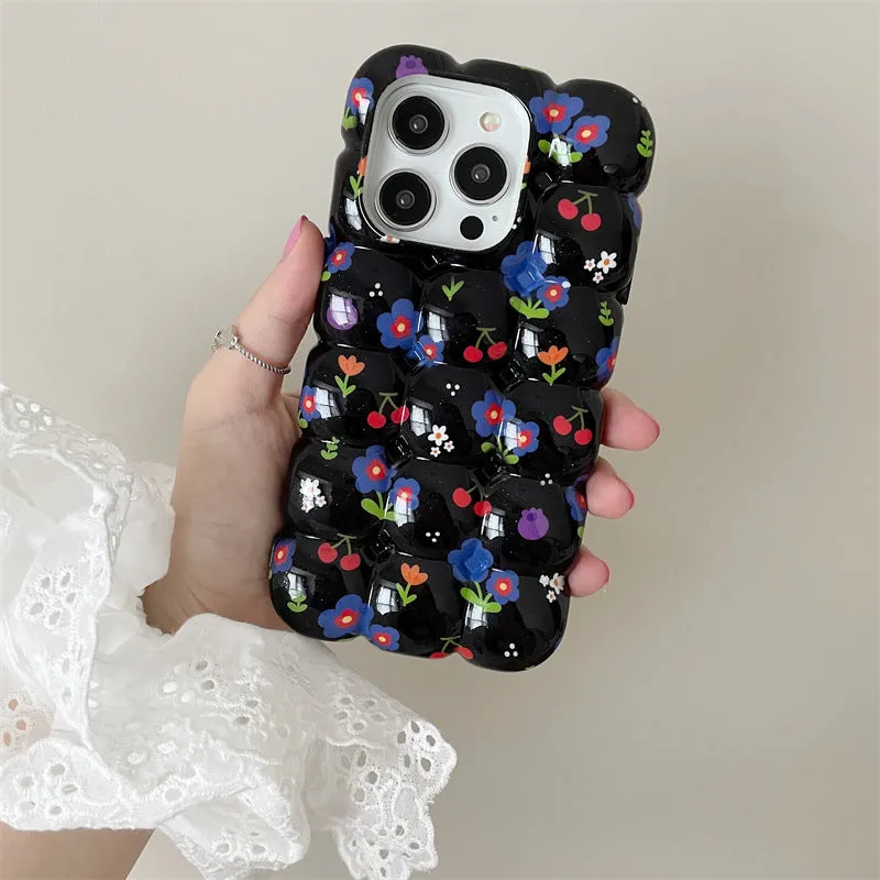 Retro cherry floral plaid TPU anti-fall phone case for iPhone with black background