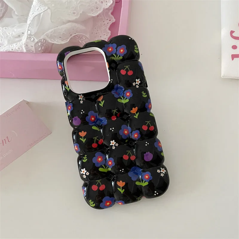Retro cherry floral plaid TPU anti-fall phone case for iPhone with black background