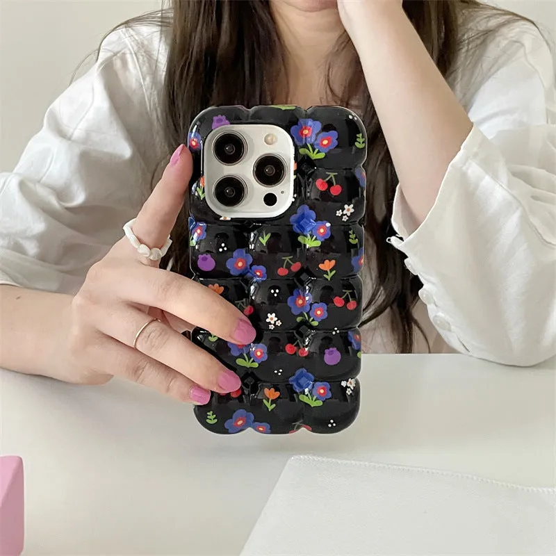 Retro cherry floral plaid TPU anti-fall phone case for iPhone with black background