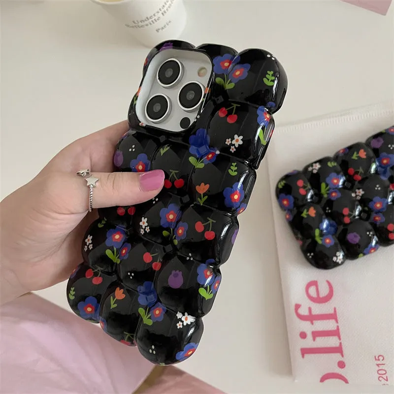 Retro cherry floral plaid TPU anti-fall phone case for iPhone with black background