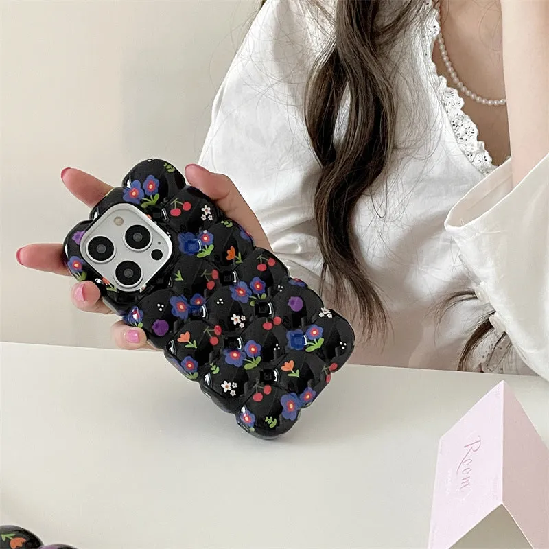 Retro cherry floral plaid TPU anti-fall phone case for iPhone with black background