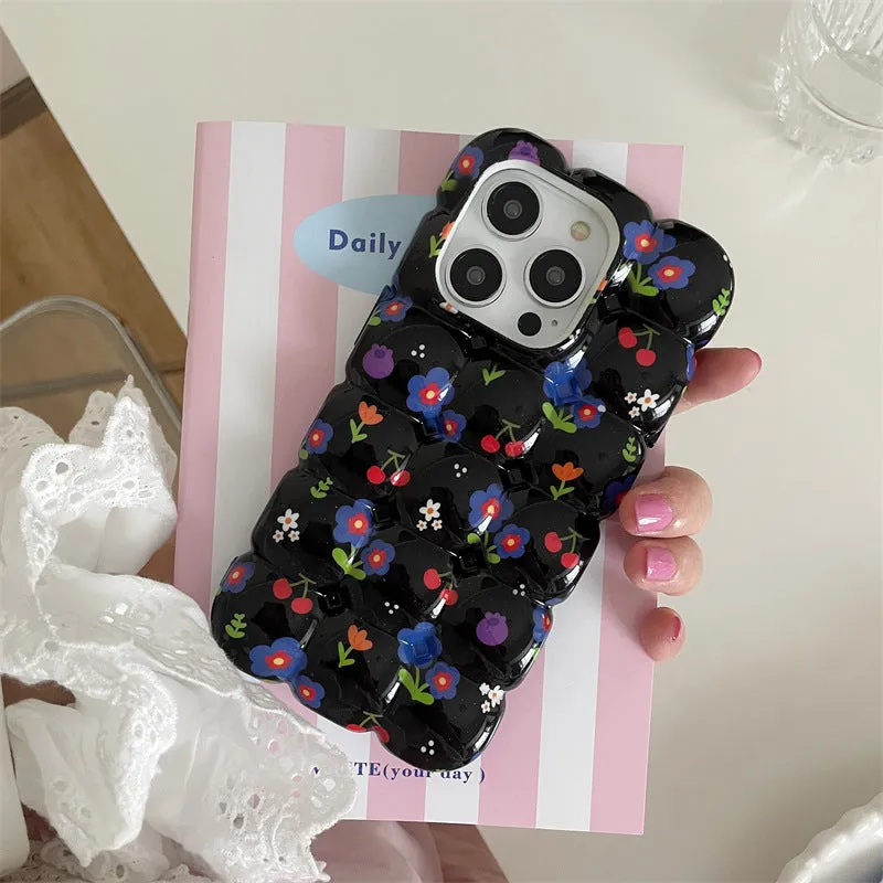 Retro cherry floral plaid TPU anti-fall phone case for iPhone with black background