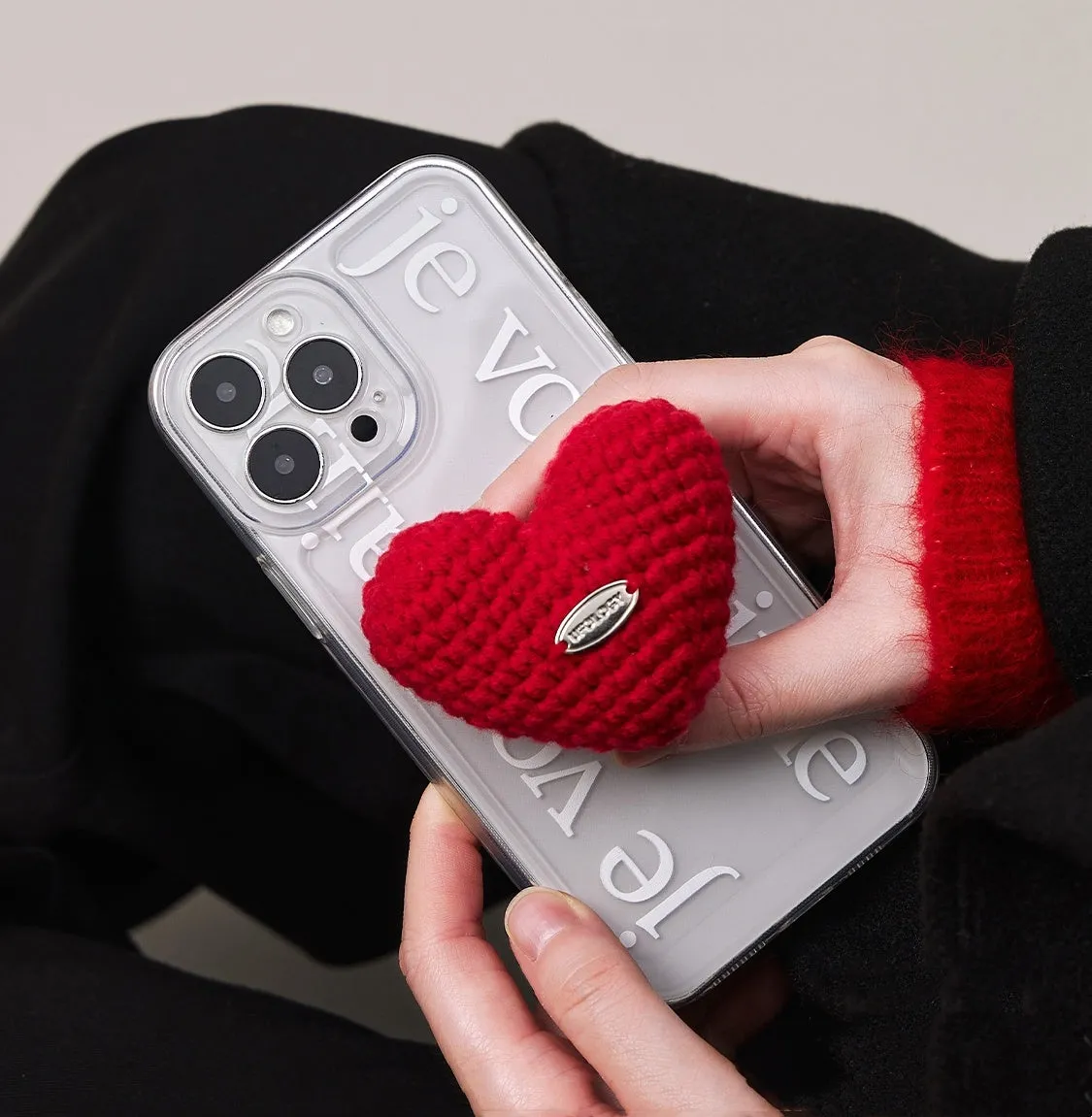 Original knitted love stand phone case for iPhone TPU soft back cover with heart bracket black white