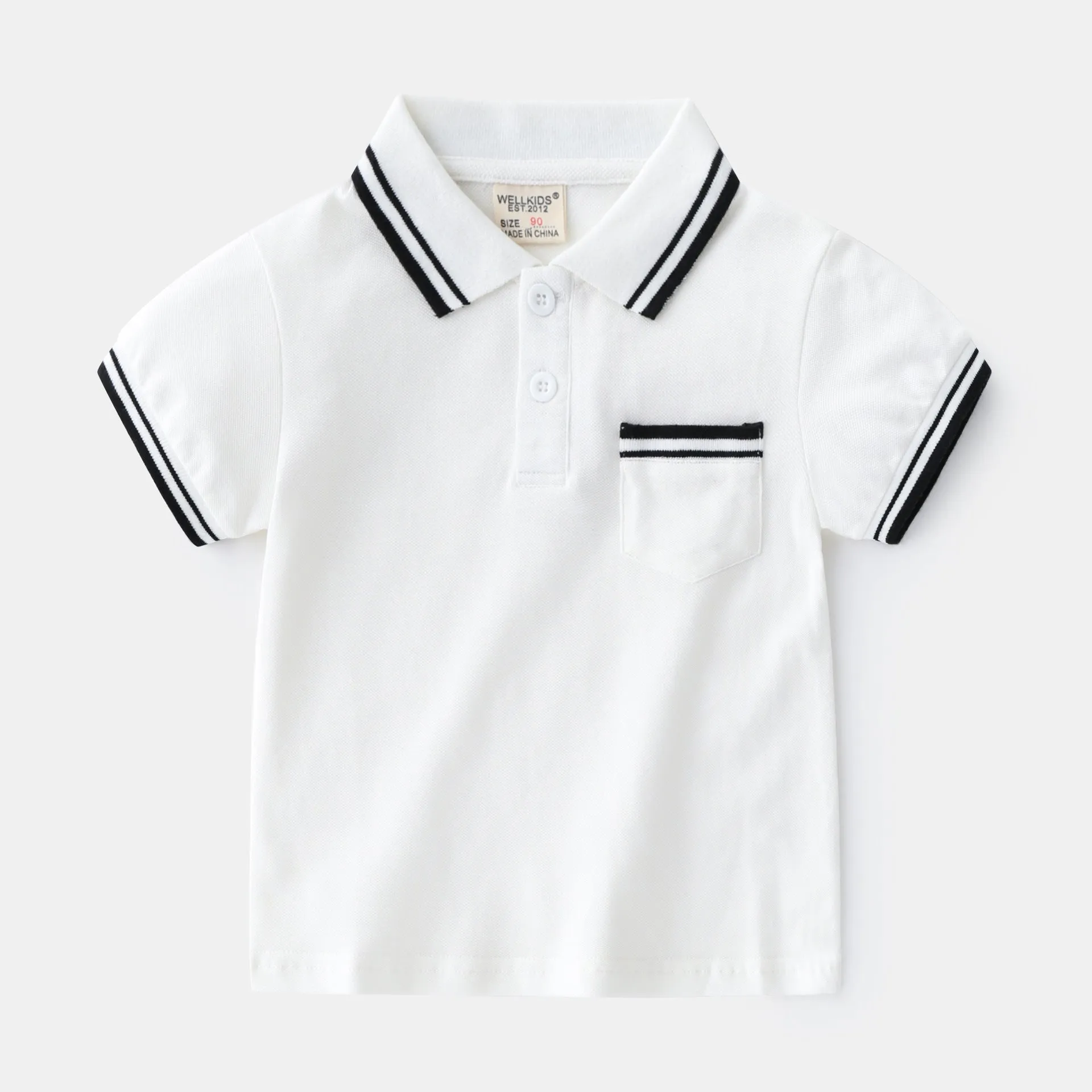 Boys' plain white and black short-sleeve cotton polo shirts for summer.