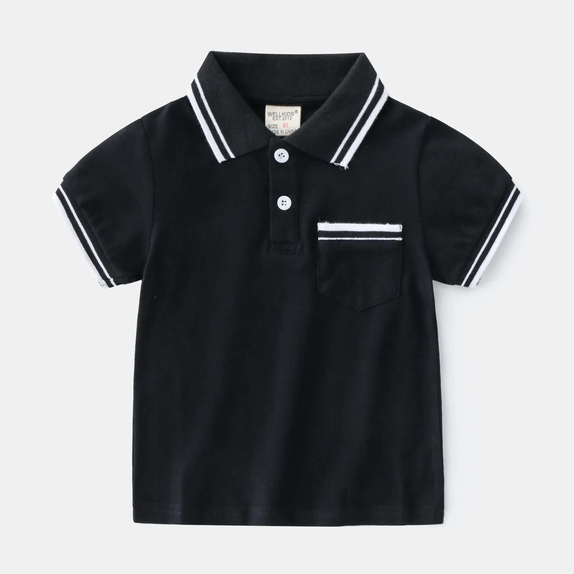 Boys' plain white and black short-sleeve cotton polo shirts for summer.