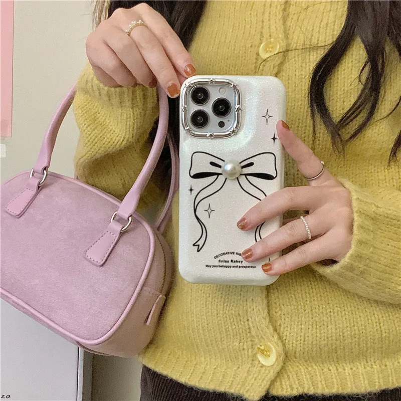Line bow creative drop-resistant TPU phone case for iPhone in Pearl Bow colour option on white background