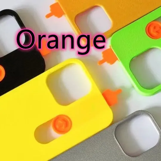 Bright yellow 3D printed sliding middle finger phone case for iPhone 14 Pro Max with spoof mechanism visible