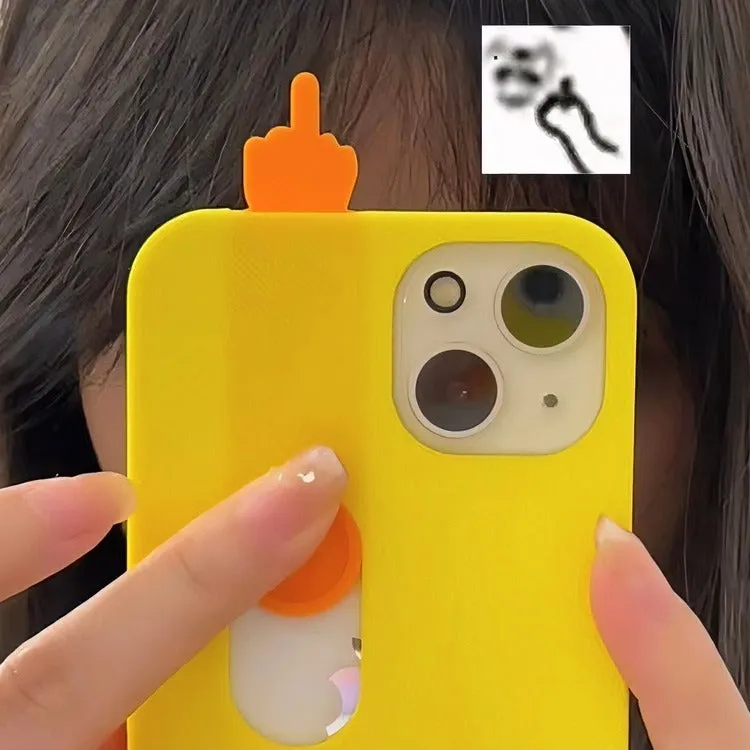 Bright yellow 3D printed sliding middle finger phone case for iPhone 14 Pro Max with spoof mechanism visible