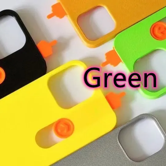 Bright yellow 3D printed sliding middle finger phone case for iPhone 14 Pro Max with spoof mechanism visible