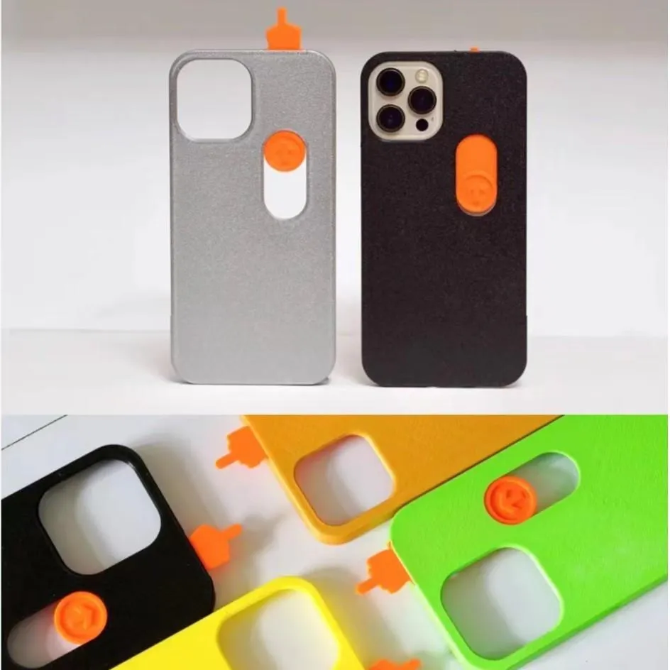Bright yellow 3D printed sliding middle finger phone case for iPhone 14 Pro Max with spoof mechanism visible